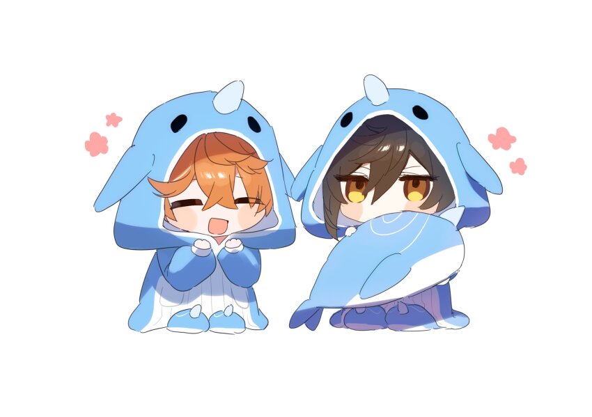 2boys alternate_costume chibi genshin_impact h4n4yh4 highres multiple_boys onesie tartaglia_(genshin_impact) whale whale_plush white_background zhongli_(genshin_impact)