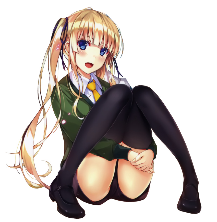1girl blonde_hair blue_eyes highres knees_together_feet_apart mary_janes misaki_kurehito necktie official_art saenai_heroine_no_sodatekata sawamura_spencer_eriri shoes shorts solo thighhighs third-party_edit transparent_background twintails