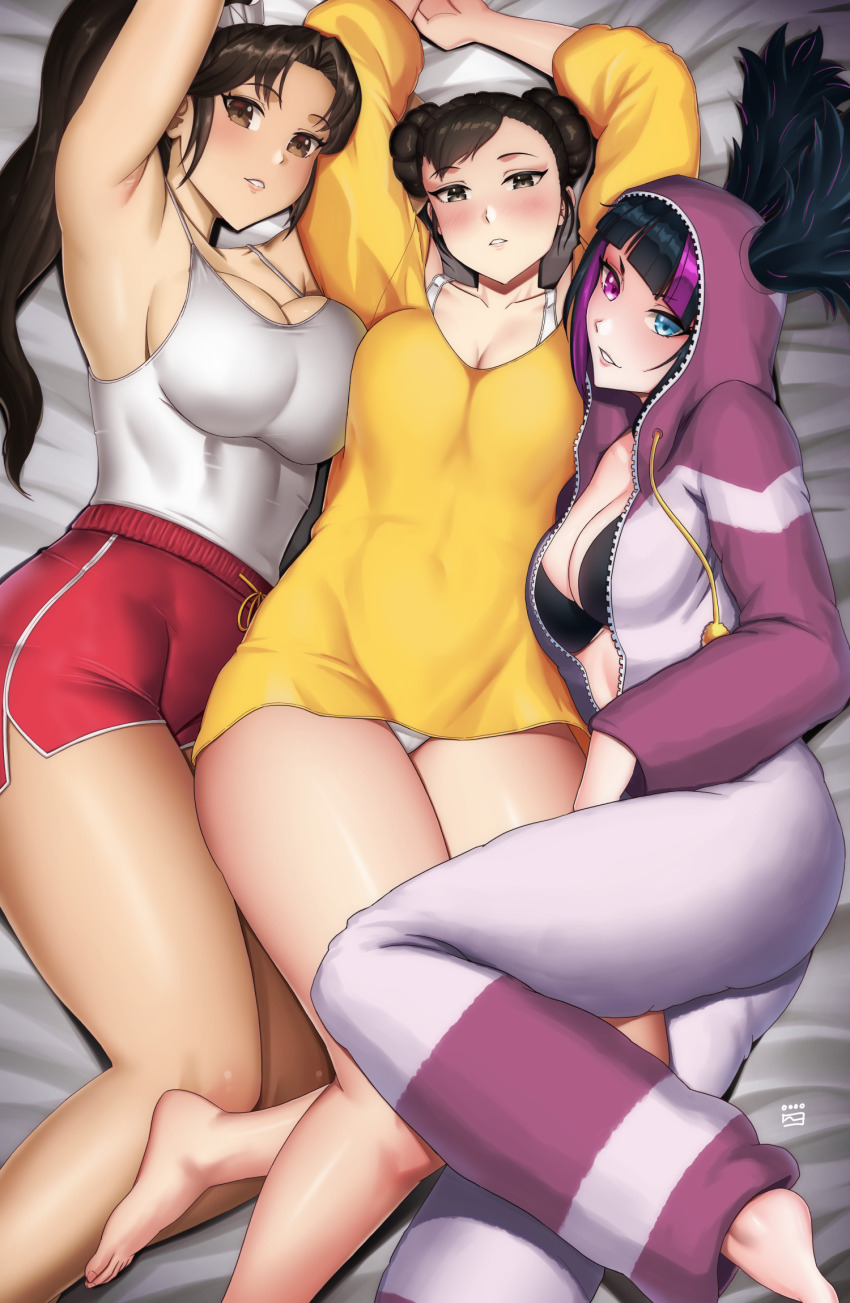 3girls arms_up asymmetrical_docking bare_legs barefoot black_bra black_hair blush bra breast_press breasts brown_eyes capcom chun-li cleavage dolphin_shorts double_bun fatal_fury finalcake girl_sandwich hair_bun hair_through_hood han_juri highres large_breasts looking_at_viewer multicolored_hair multiple_girls official_alternate_costume official_alternate_hairstyle onesie oversized_clothes oversized_shirt pajamas panties panty_peek parted_lips ponytail red_shorts sandwiched shiranui_mai shirt shirt_tucked_in short_shorts shorts sleepover streaked_hair street_fighter street_fighter_6 street_fighter_ii:_the_animated_movie street_fighter_ii_(series) tank_top thighs tight_clothes tight_shirt twintails underwear unzipped white_bra white_panties white_tank_top