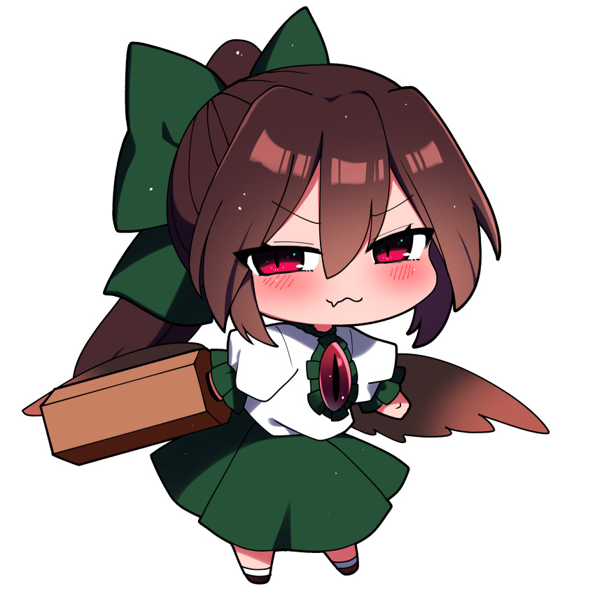 1girl absurdres arm_cannon asymmetrical_footwear bird_wings black_wings blouse blush bow brown_eyes brown_hair buttons cape center_frills chibi collared_shirt commentary_request control_rod_(touhou) frilled_shirt_collar frilled_skirt frills full_body green_bow green_skirt hair_bow highres kneehighs long_hair mismatched_footwear ponytail puffy_short_sleeves puffy_sleeves red_eyes reiuji_utsuho shirt shoes short_sleeves simple_background single_shoe skirt socks solo starry_sky_print third_eye third_eye_on_chest touhou weapon white_background white_cape white_shirt wings you_(noanoamoemoe)