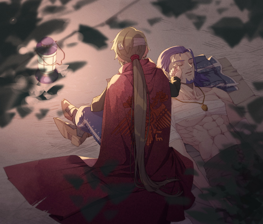 2boys abs bandaged_chest bandaged_head bandages black_shirt blonde_hair blue_tabard blurry boots brown_boots brown_pants cape commentary_request couple depth_of_field dragon_quest dragon_quest_xi facial_hair from_above greig_(dq11) hair_slicked_back hand_on_another&#039;s_face highres homeros_(dq11) jewelry jklo932 knight lantern leaf low_ponytail lying male_focus multiple_boys muscular muscular_male navel on_back on_ground open_mouth pants pendant ponytail purple_facial_hair purple_hair red_cape shirt sitting sleeping soldier tabard topless_male torn_cape torn_clothes yaoi