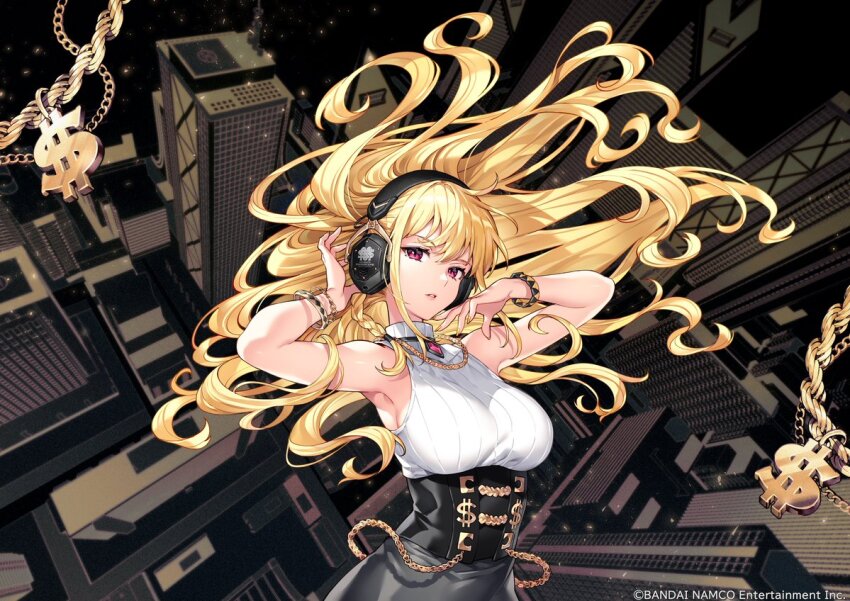 1girl adjusting_clothes adjusting_headwear armpits black_skirt blonde_hair bracelet building chain cityscape copyright_name corset denonbu dollar_sign floating_hair gold_chain gold_necklace hands_up headphones jewelry long_hair nardack necklace official_art parted_lips portrait red_eyes second-party_source shirokane_aki skirt sleeveless sleeveless_sweater solo sweater