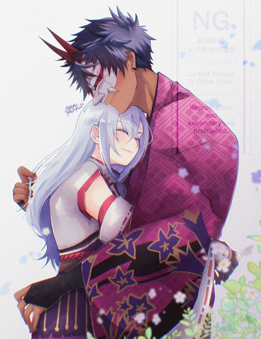 1boy 1girl blue_hair blush bridal_gauntlets closed_eyes closed_mouth commentary_request dark-skinned_male dark_skin detached_sleeves eye_mask floral_print from_side hair_between_eyes hetero highres horns hug japanese_clothes kaguya_(rune_factory) kai_(rune_factory) kimono kohaku_nao long_hair long_sleeves mask profile purple_kimono red_horns rune_factory rune_factory:_guardians_of_azuma short_hair smile upper_body wide_sleeves