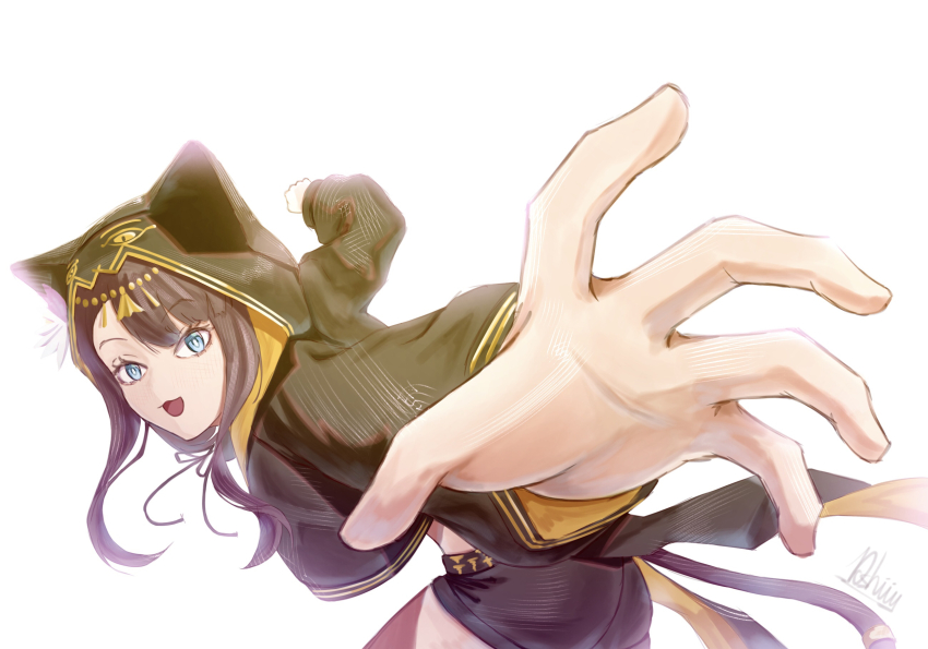 10_shii 1girl arknights blue_eyes bright_pupils brown_hair brown_jacket brown_shorts clenched_hand commentary cowboy_shot english_commentary foreshortening highres hood hood_up hooded_jacket incoming_attack incoming_punch jacket light_blush long_hair long_sleeves looking_at_viewer meme open_mouth outstretched_arms outstretched_hand pepe_(arknights) pepe_punch_(meme) pepe_the_frog pose_imitation punching shorts signature simple_background solo standing two-sided_fabric two-sided_jacket white_background white_pupils yellow_jacket