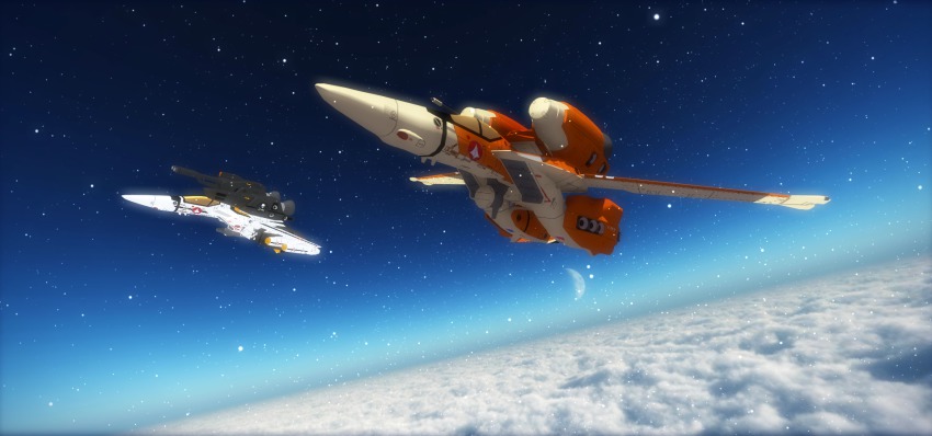 1980s_(style) 3d aircraft airplane bad_id bad_pixiv_id cannon cloud energy_gun flying gunpod highres insignia jet jolly_roger macross macross:_do_you_remember_love? mecha mikotosiara0 missile moon no_humans oldschool radiation_symbol realistic retro_artstyle robot science_fiction spacecraft star_(sky) u.n._spacy vehicle_focus vf-1 vf-1_strike vt-1_super weapon