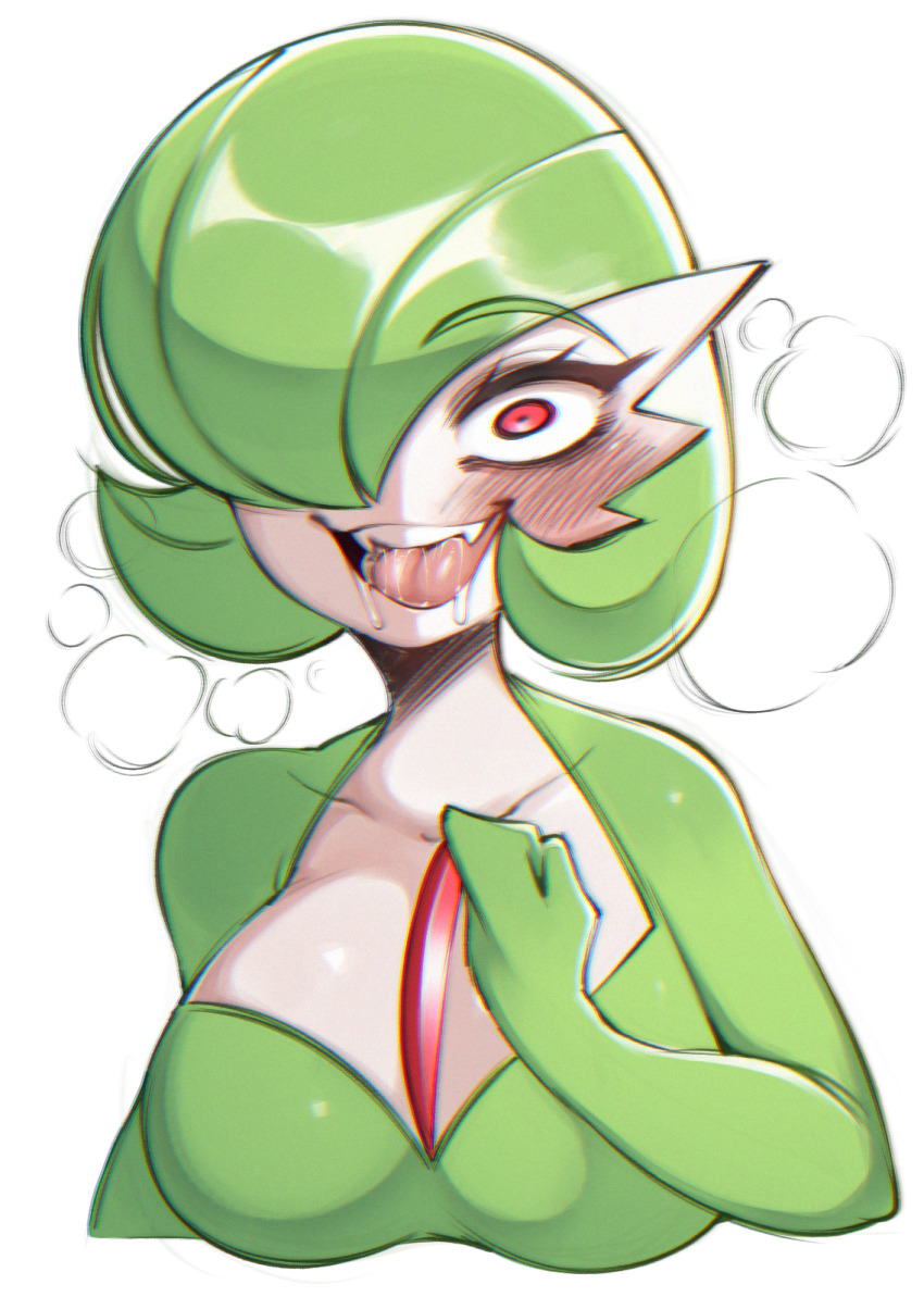 1girl blush bob_cut breasts breath clenched_hand collarbone colored_skin constricted_pupils cropped_torso drooling fangs female_focus gardevoir gen_3_pokemon green_hair green_skin hair_over_one_eye hand_up happy looking_at_viewer medium_breasts multicolored_skin nintendo one_eye_covered open_mouth pokemon pokemon_(creature) red_eyes saliva saltyxodium short_hair simple_background smile solo teeth tongue two-tone_skin upper_body white_background white_skin wide-eyed