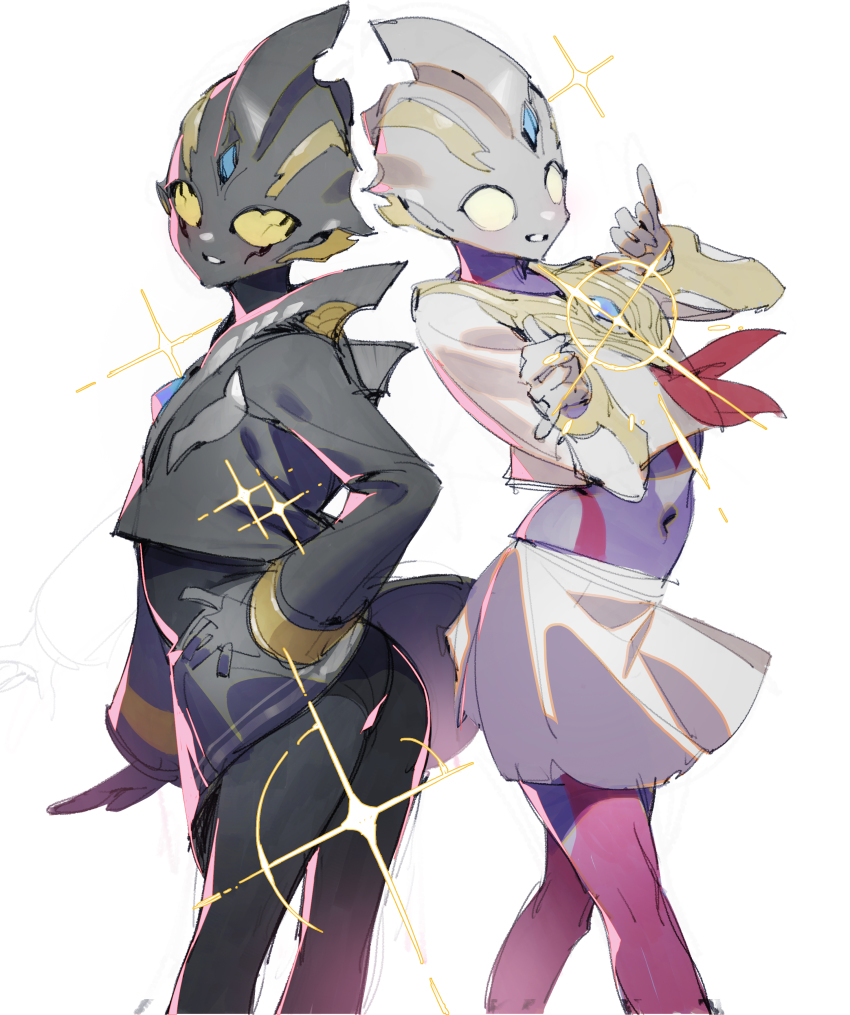 2girls \m/ absurdres alien ass bad_id bad_pixiv_id black_serafuku black_skirt from_side genderswap genderswap_(mtf) hand_on_own_hip highres looking_at_viewer multiple_girls nicholas_f no_humans school_uniform serafuku skirt smile sparkle tokusatsu trigger_dark ultra_series ultraman_trigger ultraman_trigger_(series) white_background white_skirt yellow_eyes