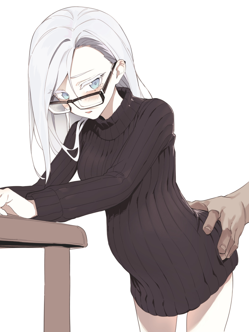 1boy 1girl asutora asutora-chan black-framed_eyewear black_sweater blue_eyes blush breasts commentary_request glasses highres medium_breasts medium_hair mole mole_under_eye original pregnant simple_background solo_focus sweater table turtleneck turtleneck_sweater white_background white_hair