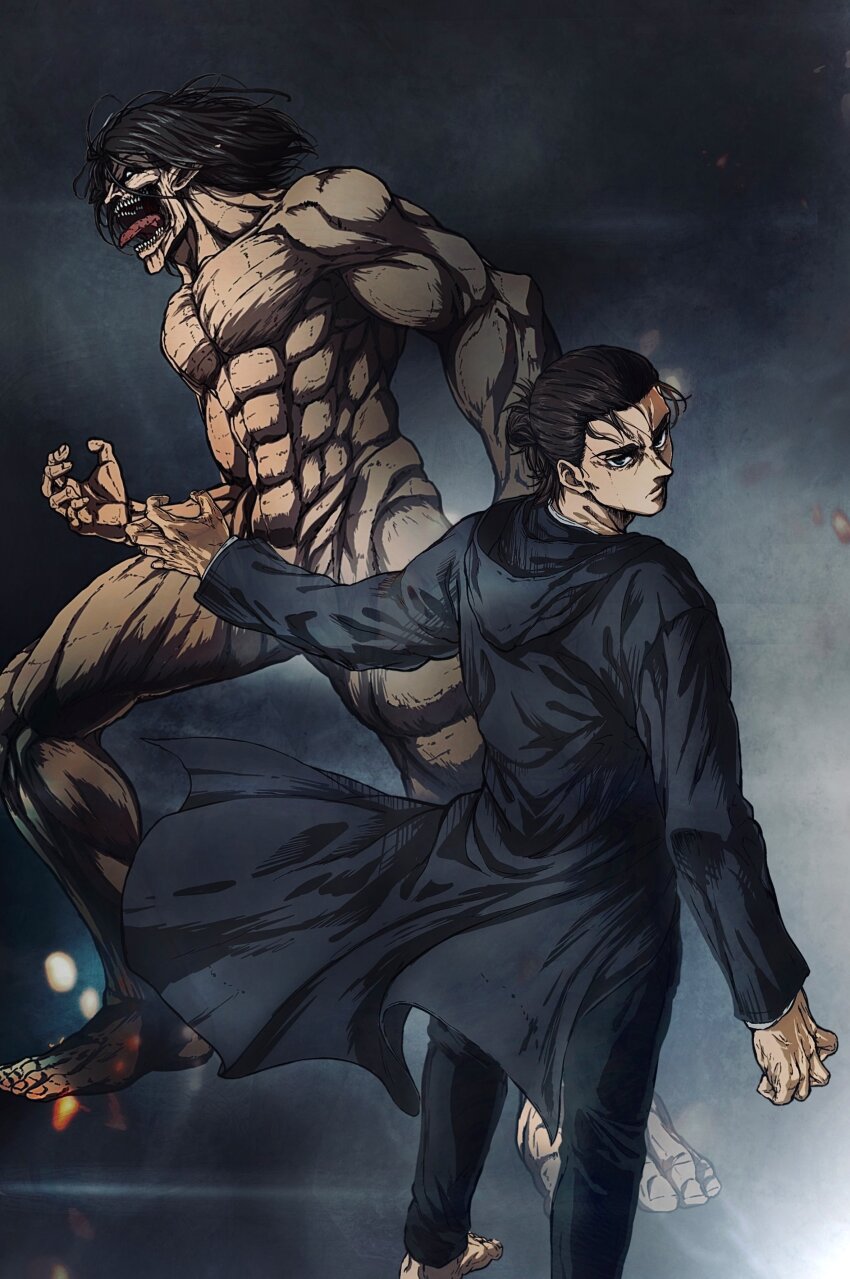 1boy abs absurdres barefoot black_coat brown_hair coat daisx_(dais0115) eren_yeager from_above from_behind frown full_body green_eyes hair_bun highres hood hood_down long_hair looking_at_viewer male_focus monster muscular muscular_male official_style pants pectorals rogue_titan shingeki_no_kyojin shouting single_hair_bun standing thick_eyebrows titan_(shingeki_no_kyojin) tongue tongue_out veins veiny_feet veiny_hands white_background wind