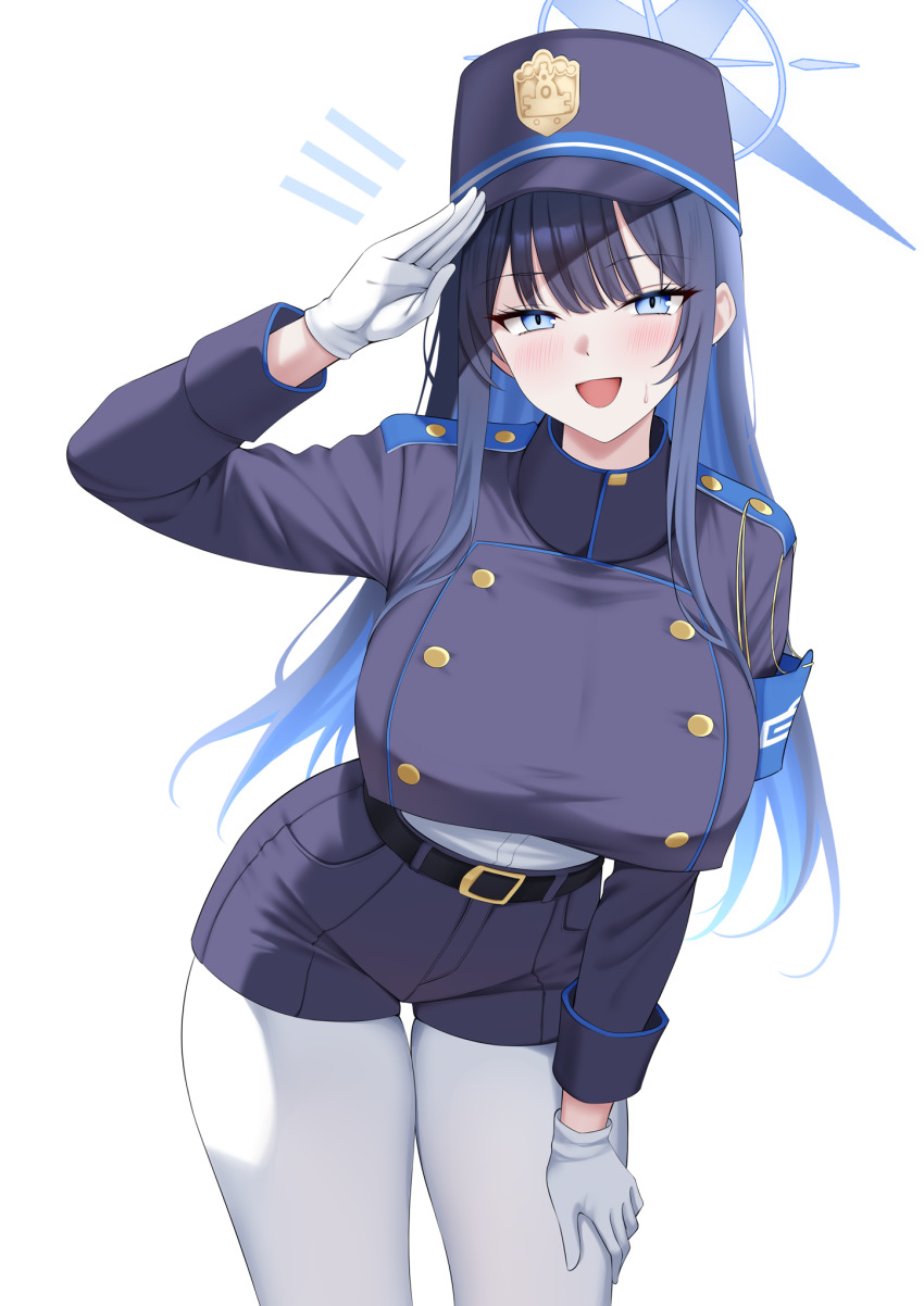1girl alternate_costume arm_up armband black_hat black_shirt black_shorts blue_archive blue_armband blue_eyes blue_hair blue_halo blush breasts colored_inner_hair commentary cosplay espada_gcon gloves halo hand_on_own_thigh hat highres hikari_(blue_archive) hikari_(blue_archive)_(cosplay) large_breasts long_hair long_sleeves looking_at_viewer multicolored_hair open_mouth pantyhose peaked_cap salute saori_(blue_archive) shirt short_shorts shorts simple_background smile solo sweat thigh_gap white_background white_gloves white_pantyhose white_shirt