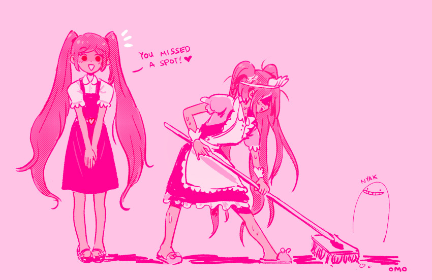 2girls :d apron artist_name cleaning commentary dress english_commentary english_text full_body grin heart highres holding holding_mop humphrey_(omori) long_hair maid maid_apron maid_headdress monochrome mop multiple_girls notice_lines omocat omori open_mouth perfectheart_(omori) pinafore_dress pink_background shaded_face shirt short_sleeves simple_background sleeveless sleeveless_dress slippers smile sweat sweetheart_(omori) twintails v_arms very_long_hair