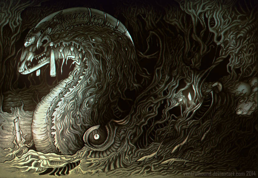 cave creature creature_and_personification dark dragon fire grass kelp lizard monster monsterification original personification plant scales skull snake vegetation ventralhound wetland