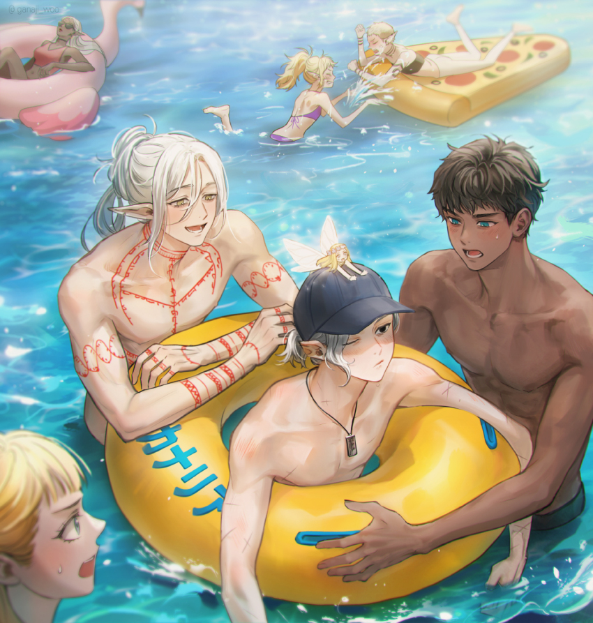 1other 3boys 4girls afloat alternate_hairstyle arm_tattoo barefoot baseball_cap bikini black_bikini black_hair black_hat blonde_hair blue_eyes chest_tattoo choker cithis dark-skinned_female dark-skinned_male dark_skin day dungeon_meshi elf fairy_(dungeon_meshi) fleki food grey_hair hat highres jewelry kabru long_hair looking_at_another lycion lying mini_person mithrun multiple_boys multiple_girls multiple_scars navel neck_tattoo notched_ear ocean on_stomach one_eye_closed open_mouth otta_(dungeon_meshi) out_of_frame partially_submerged pattadol pendant pizza playing pointy_ears ponytail purple_bikini red_bikini scar scar_on_arm shoulder_tattoo splashing sunbathing sunglasses swim_ring swimsuit tattoo themed_object toned toned_male topless_male very_long_hair water white_hair woooo_ho2