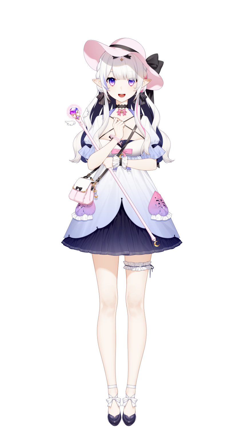 1girl :d absurdres anklet arm_under_breasts artist_request bag bare_legs black_bow black_ribbon blue_dress blue_hair blunt_bangs bow bow_choker bracelet braid breasts choker cleavage colored_inner_hair crown_braid curly_hair dark_blue_hair dress frilled_bracelet frilled_thigh_strap full_body gradient_eyes hair_bow hair_over_one_eye hair_ribbon hand_on_own_chest hat hat_bow high_heels highres holding holding_wand jewelry large_breasts layered_dress long_hair looking_at_viewer multicolored_eyes multicolored_hair nijisanji official_art open_mouth pink_bag pink_bow pink_hat puffy_short_sleeves puffy_sleeves purple_eyes rhea_(virtuareal) ribbon ribbon_shoes scoop_neck short_sleeves shoulder_bag sidelocks smile solo standing sun_hat thigh_strap two-tone_dress virtual_youtuber virtuareal wand white_background white_dress white_hair zodiac