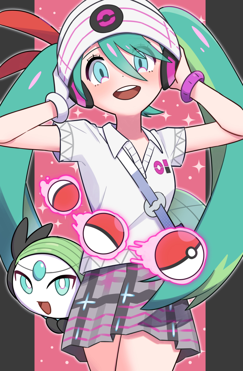 1girl :d aqua_eyes beanie bracelet collared_shirt commentary_request crossover eyelashes gen_5_pokemon gloves green_hair grey_skirt hair_between_eyes hat hatsune_miku highres jewelry legendary_pokemon long_hair meloetta mythical_pokemon nintendo open_mouth pink_background pleated_skirt poke_ball poke_ball_(basic) pokemon project_voltage psychic_miku_(project_voltage) shinna_(user_zfuz4288) shirt short_sleeves single_glove skirt smile sparkle teeth telekinesis twintails upper_teeth_only vocaloid white_gloves white_headwear white_shirt