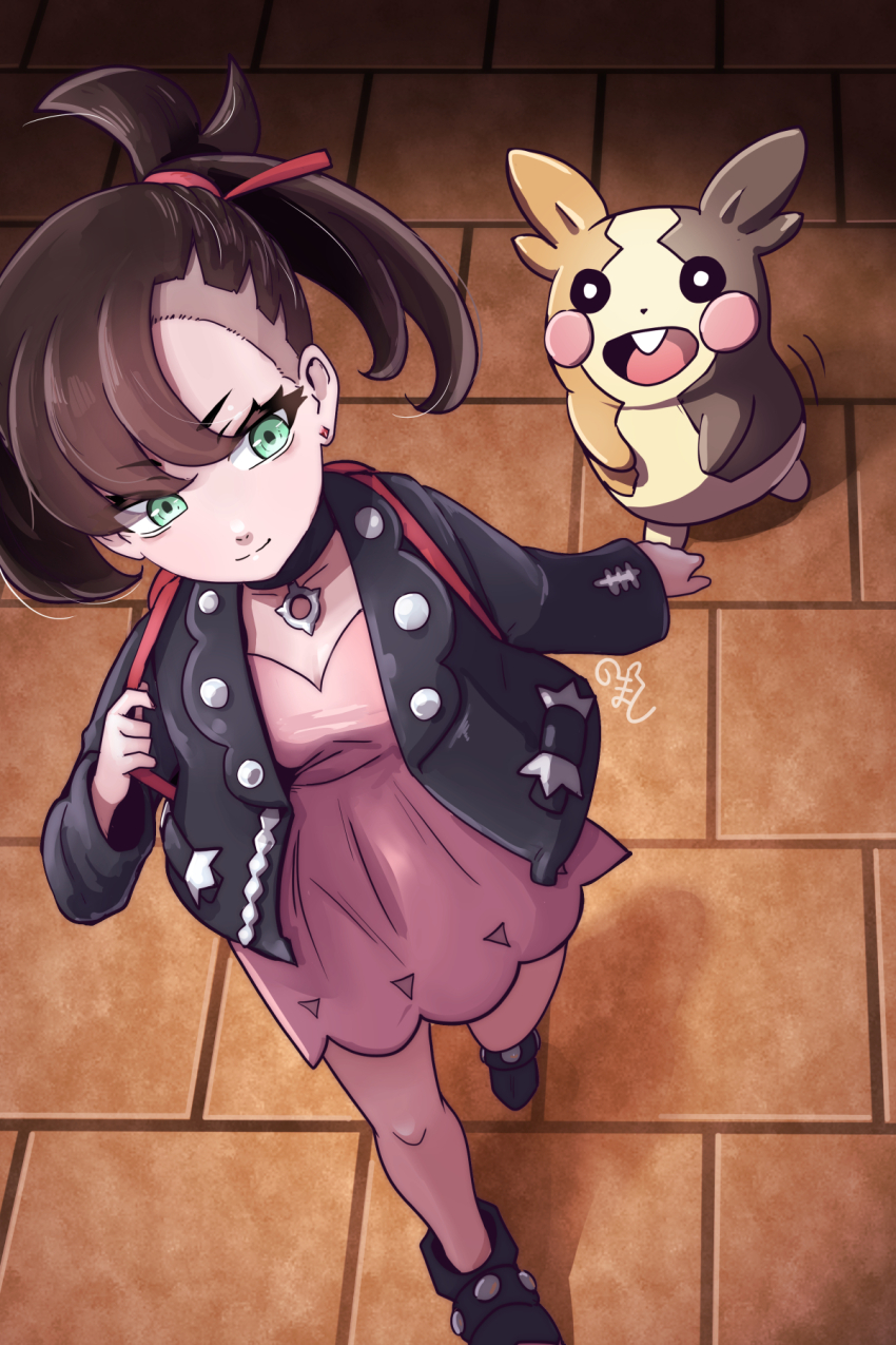 1girl asymmetrical_bangs backpack bag black_choker black_hair black_jacket breasts choker closed_mouth dress earrings full_body gen_8_pokemon green_eyes highres jacket jewelry knockmart marnie_(pokemon) morpeko morpeko_(full) nintendo open_clothes open_jacket pink_dress pokemon pokemon_(creature) pokemon_swsh red_ribbon ribbon small_breasts stud_earrings tile_floor tiles twintails undercut walking