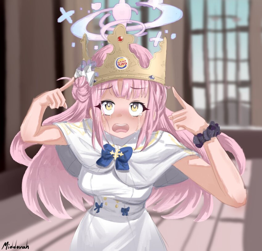 1girl artist_name black_scrunchie blue_archive blue_bow blush bow burger_king buttons capelet crying crying_with_eyes_open dress flower hair_bun hair_flower hair_ornament halo highres long_hair middovah mika_(blue_archive) no_wings open_mouth paper_crown pink_hair pink_halo pointing scrunchie signature single_hair_bun single_side_bun tears teeth upper_teeth_only very_long_hair white_capelet white_dress wrist_scrunchie yellow_eyes