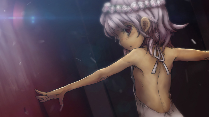 1girl backless_dress backless_outfit bare_back bare_shoulders blush commentary_request concrete dark-skinned_female dark_skin derivative_work dress dutch_angle flat_chest from_behind half-life half-life_(series) half-life_2 hallway head_wreath indoors kikai_(akita_morgue) lens_flare loli looking_at_viewer looking_back medium_hair no_bra original outstretched_arms parted_lips red_eyes screenshot_redraw solo spread_arms white_dress white_hair