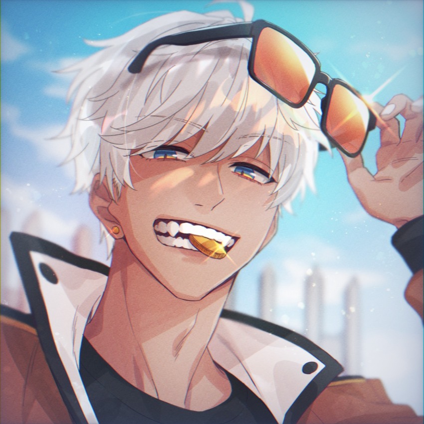 1boy adam&#039;s_apple ahoge biting_coin black_shirt black_trim blue_eyes blue_sky blurry brown_jacket cloud coin contrast_collar dark-skinned_male dark_skin depth_of_field earrings from_below glint grin highres holding holding_removed_eyewear jacket jewelry long_sleeves looking_at_viewer male_focus mammon_(obey_me!) mouth_hold obey_me!:_one_master_to_rule_them_all! popped_collar portrait raised_eyebrows removing_eyewear shade shirt short_hair sky smile solo stud_earrings sunglasses sushi_(ekakizu) swept_bangs unworn_eyewear white_hair white_nails wispy_bangs