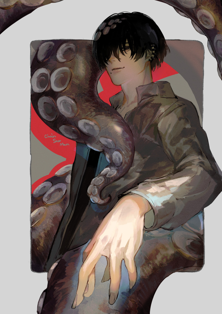 1boy absurdres araya_(hachino_araya) bishounen black_eyes black_hair chainsaw_man ear_piercing earrings hair_over_one_eye highres jewelry long_sleeves looking_at_viewer male_focus mole mole_under_mouth multiple_piercings piercing short_hair solo tentacles upper_body yoshida_hirofumi