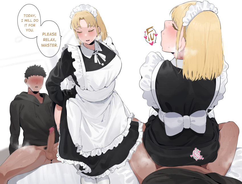 1boy 1girl alternate_costume apron black_dress blonde_girl_(okpriko) blonde_hair blush breasts clothed_sex covered_penetration dark-skinned_male dark_skin dress enmaided erection frilled_apron frills hetero highres imminent_penetration implied_sex long_sleeves maid maid_apron maid_headdress okpriko open_mouth original penis pov pov_crotch sex short_hair white_apron