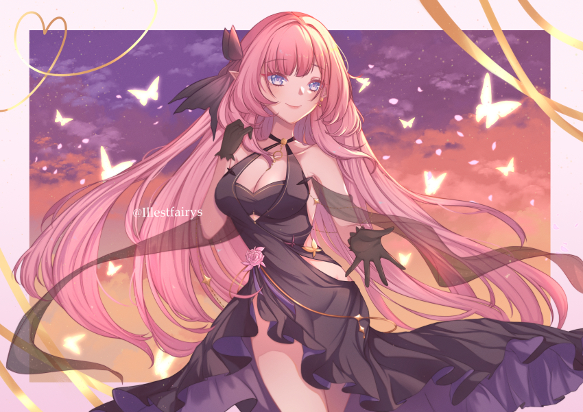 1girl absurdres bare_shoulders black_dress black_gloves black_ribbon blue_eyes border breasts bug butterfly cleavage closed_mouth clothing_cutout cowboy_shot dress elf elysia_(honkai_impact) elysia_(miss_pink_elf)_(honkai_impact) gloves gradient_sky hair_ribbon highres honkai_(series) honkai_impact_3rd illestfairys insect large_breasts long_hair official_alternate_costume pink_border pink_hair pink_theme pointy_ears ribbon side_cutout sky smile solo thighs too_many too_many_butterflies twitter_username very_long_hair white_butterfly