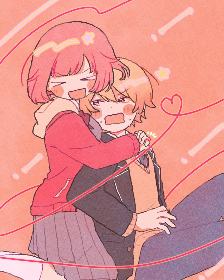 &gt;_&lt; 1boy 1girl 6_utotsumi absurdres black_jacket blazer blonde_hair blunt_bangs bob_cut dot_nose facing_viewer gradient_hair grey_skirt hashtag-only_commentary heart highres hug hug_from_behind jacket kamiyama_high_school_uniform_(project_sekai) kneehighs kneeling lapels long_sleeves looking_at_another miyamasuzaka_girls&#039;_academy_school_uniform multicolored_hair notched_lapels notice_lines ootori_emu open_clothes open_jacket open_mouth orange_hair pink_hair pink_jacket project_sekai school_uniform short_hair sitting skirt smile socks star_(symbol) sweater tenma_tsukasa two-tone_hair white_socks