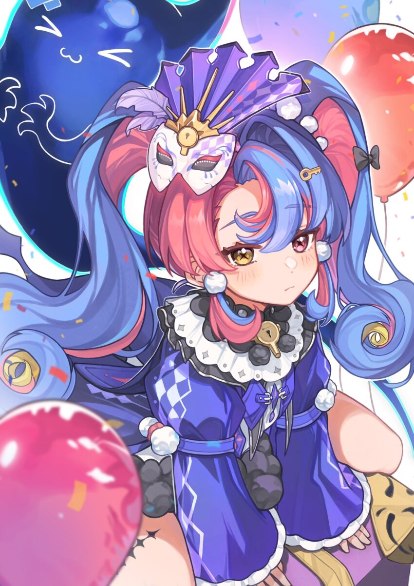 1girl balloon black_collar blue_hair closed_mouth collar commentary confetti cyxndmr dress eye_mask heterochromia highres key_hair_ornament light_blush long_hair looking_at_viewer mask mask_on_head multicolored_hair pero_(wuthering_waves) pink_eyes pink_hair purple_dress roccia_(wuthering_waves) tacet_mark_(wuthering_waves) twintails two-tone_hair wuthering_waves yellow_eyes