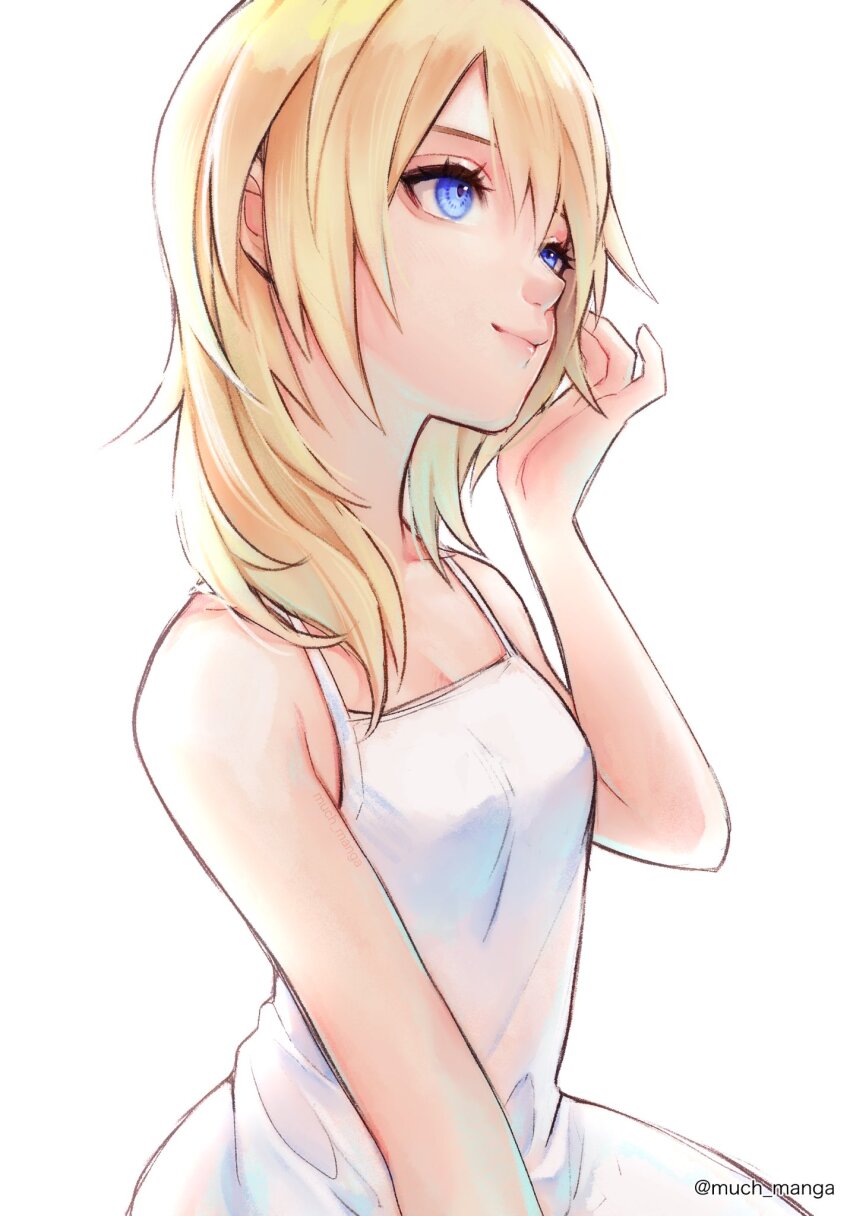 1girl bare_shoulders blonde_hair blue_eyes closed_mouth commentary dress english_commentary hair_between_eyes highres kingdom_hearts kingdom_hearts:_chain_of_memories kingdom_hearts_ii lips long_hair much_manga namine pink_lips simple_background sleeveless sleeveless_dress smile solo twitter_username white_background white_dress