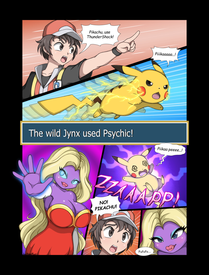 1boy 1girl 1other breasts cleavage gen_1_pokemon highres jynx large_breasts loodanonmus nintendo pikachu pokemon pokemon_(creature) pokemon_frlg red_(pokemon) red_(pokemon_frlg) tagme
