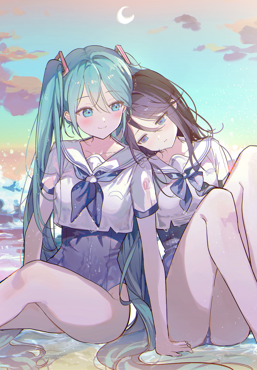 0202ase 2girls absurdres aqua_eyes aqua_hair arm_support arm_tattoo bare_legs beach black_hair blue_eyes blue_neckerchief blue_one-piece_swimsuit blush breasts closed_mouth collarbone commentary crescent_moon cropped_shirt feet_out_of_frame hair_between_eyes hair_ornament hatsune_miku head_on_another&#039;s_shoulder highres hoshino_ichika_(project_sekai) knees_up leaning_on_person long_hair looking_at_another looking_down medium_breasts moon multiple_girls neckerchief number_tattoo one-piece_swimsuit parted_lips partially_submerged project_sekai sailor_collar sailor_shirt sand school_swimsuit see-through_clothes see-through_shirt shirt short_sleeves side-by-side sidelocks sitting smile swept_bangs swimsuit symbol-only_commentary tattoo thighs twintails very_long_hair vocaloid water_drop wet wet_clothes wet_hair wet_shirt white_shirt
