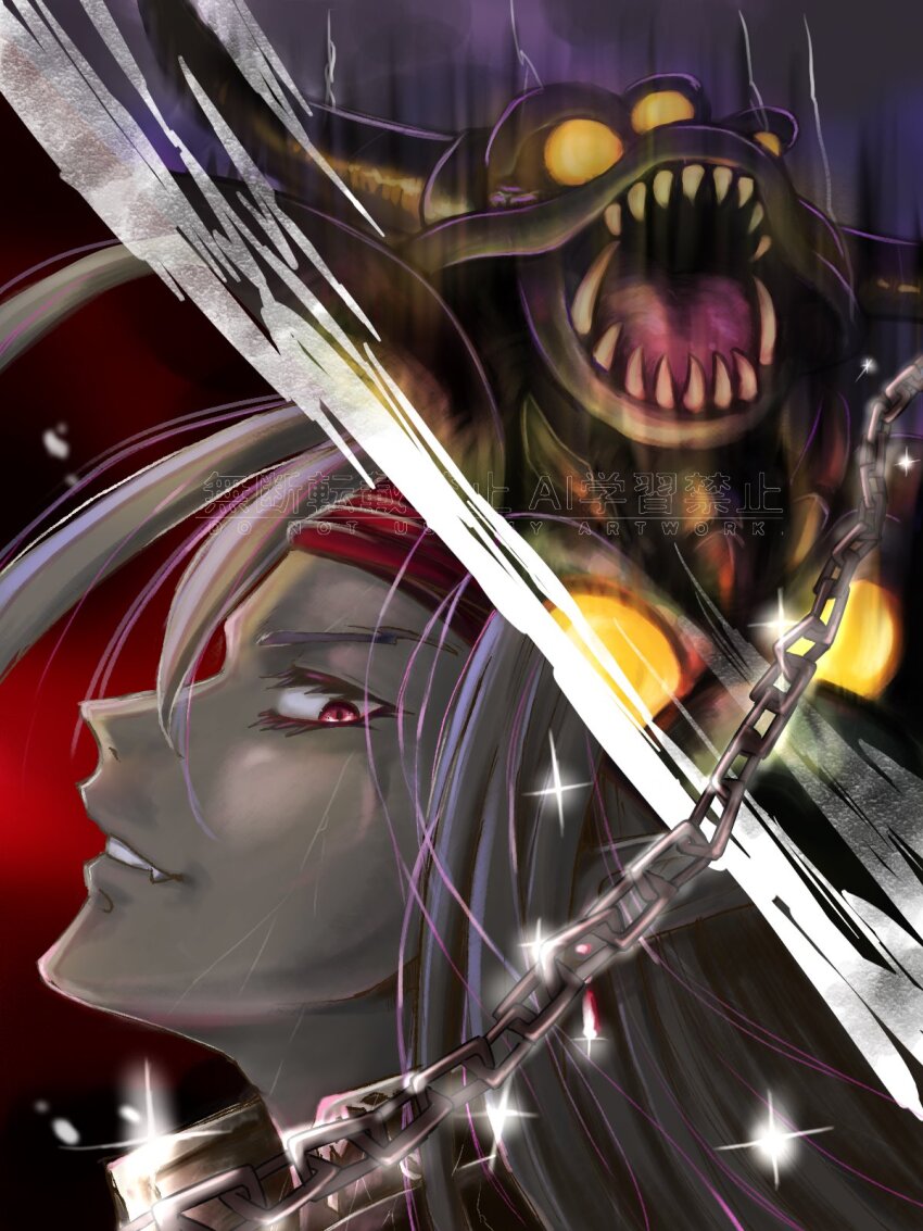 1boy alternate_form chain colored_eyelashes colored_skin commentary_request daifuku1092 death_pisaro dragon_quest dragon_quest_iv dual_persona extra_eyes fangs floating_hair green_skin headband highres horns male_focus monster monster_boy no_pupils open_mouth pisaro profile red_eyes red_headband sharp_teeth solo sparkle teeth upper_body white_hair