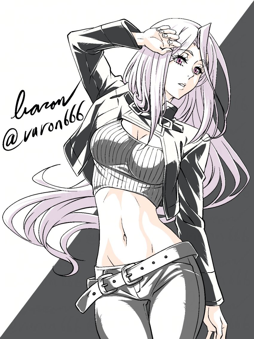 1girl baron_(varon666) belt breasts cleavage fuuto_tantei highres jacket large_breasts long_hair midriff navel purple_eyes purple_hair tokime_(fuuto_tantei) varon