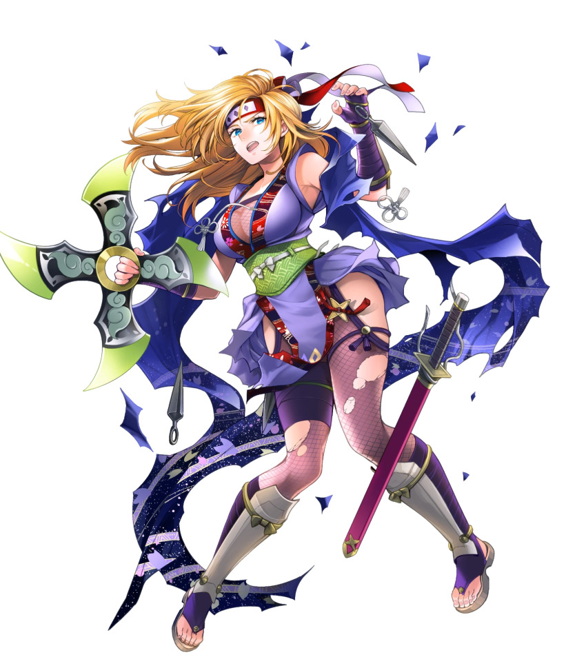1girl arm_guards blonde_hair blue_eyes blue_scarf bodystocking bodysuit breasts cleavage damaged fire_emblem fire_emblem:_radiant_dawn fire_emblem_heroes fishnet_bodystocking fishnets fuuma_shuriken heather_(fire_emblem) heather_(ninja)_(fire_emblem) highres holding holding_shuriken holding_weapon japanese_clothes large_breasts long_hair ninja nintendo non-web_source official_alternate_costume official_art open_mouth pelvic_curtain sandals scarf shin_guards shuriken solo torn_bodysuit torn_clothes torn_scarf weapon zouri