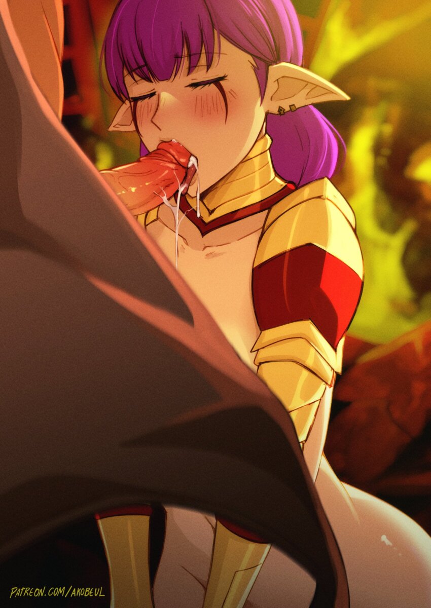 1boy 1girl akobeul armor artist_name blurry blurry_background blush bottomless cape closed_eyes commentary cum cum_in_mouth cumdrip demon_girl earclip erection esil_radiru fellatio highres oral patreon_username penis pointy_ears purple_hair shoulder_armor solo_leveling vambraces watermark web_address