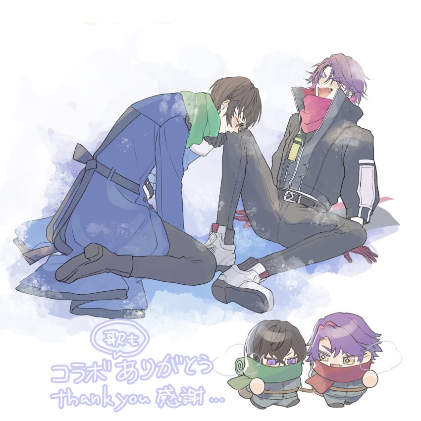 2boys :d ^_^ belt belt_buckle black-framed_eyewear black_belt black_boots black_gloves black_hair black_pants blue_coat blush boots buckle chibi closed_eyes coat colored_inner_hair commentary_request ear_piercing earrings fang glasses gloves green_scarf grin hair_between_eyes hair_intakes hand_up highres jacket jewelry kaburagi_(pnoir087) knee_up long_sleeves male_focus multicolored_hair multiple_boys nijisanji open_clothes open_jacket open_mouth pants parted_bangs piercing pink_hair purple_eyes purple_hair red_gloves red_scarf scarf shikinagi_akira shoes short_hair sitting skin_fang smile snow teeth translation_request two-tone_hair upper_teeth_only v-shaped_eyebrows virtual_youtuber watarai_hibari white_shoes yellow_eyes