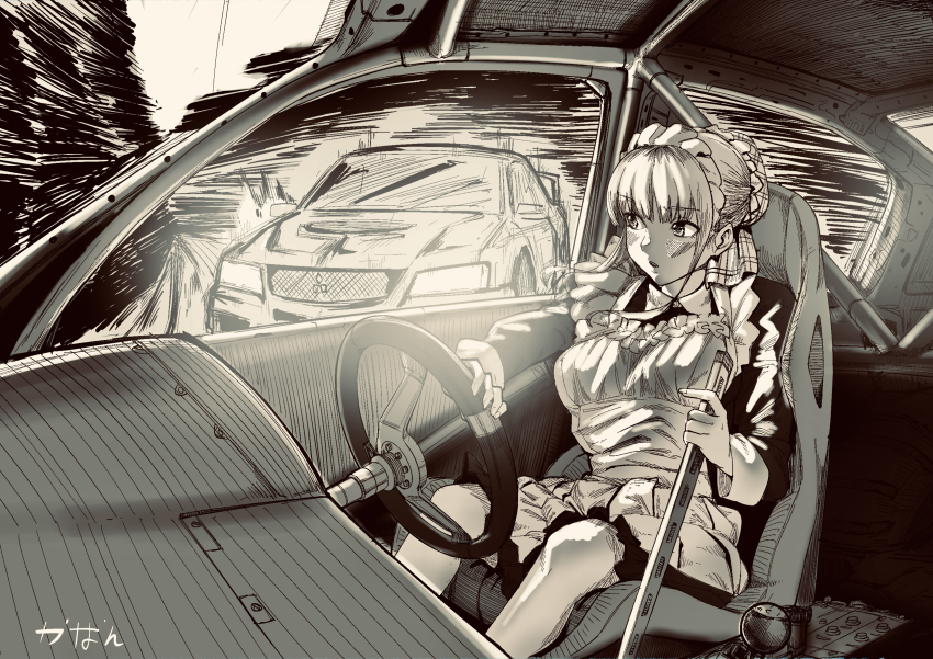 1girl absurdres apron artificialkaban artist_name black_dress bun_cover car_interior commentary dress drifting driving frilled_apron frills greyscale hair_bun highres maid maid_apron maid_headdress mitsubishi_motors monochrome open_mouth original sidelocks single_hair_bun sitting solo steering_wheel white_apron