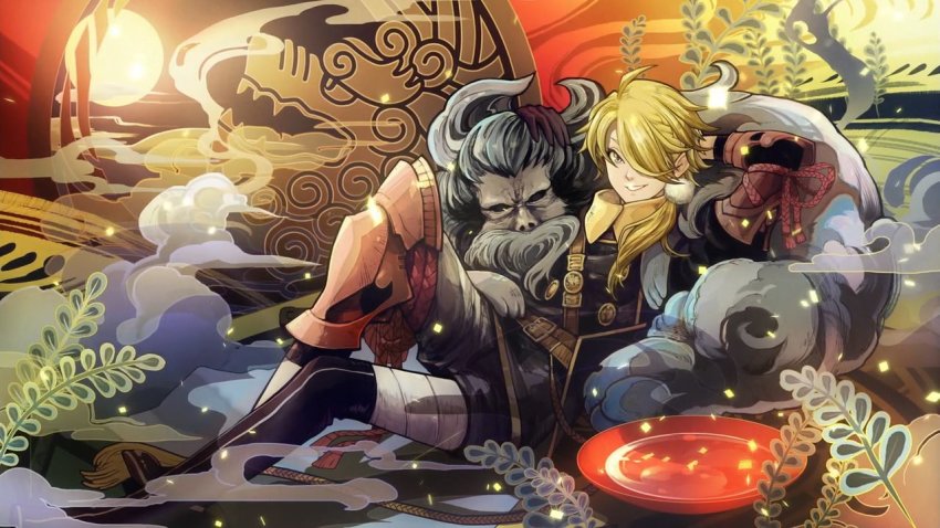 10s 1boy anime_screenshot blonde_hair hair_over_one_eye male_focus nue_(creature) official_art ponytail shishiou_(touken_ranbu) shishiou_no_mofumofu smile solo touken_ranbu touken_ranbu:_hanamaru yellow_eyes