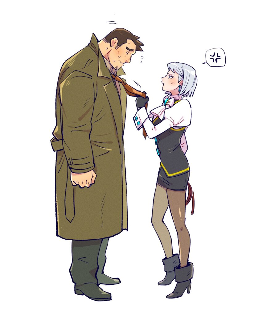 1boy 1girl ace_attorney anger_vein arms_at_sides ascot black_gloves black_pants black_shoes clothes_grab coat commentary_request dick_gumshoe flying_sweatdrops franziska_von_karma full_body gloves green_coat grey_hair grey_pantyhose high_heels highres juliet_sleeves long_sleeves necktie necktie_grab neckwear_grab nerv pants pantyhose puffy_sleeves shoes short_hair sideburns simple_background spoken_anger_vein standing white_ascot white_background yowasabimechaoc