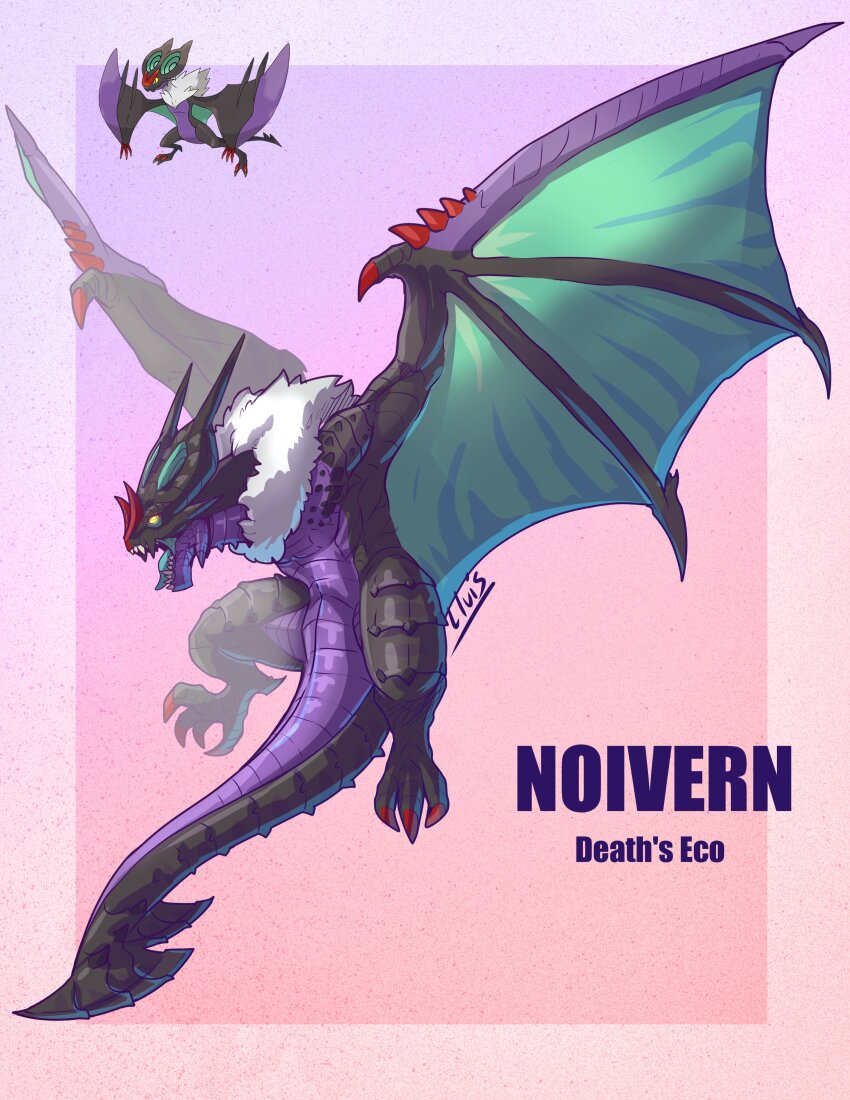absurdres claws dragon_tail dragon_wings flying full_body gen_6_pokemon gradient_background highres horns lluisabadias monster_hunter_(series) nintendo no_humans noivern open_mouth pink_background pokemon pokemon_(creature) pokemon_xy purple_background tail wings yellow_eyes