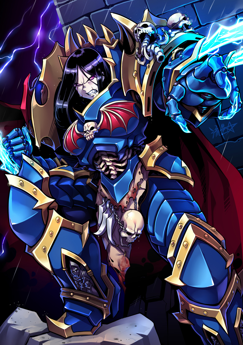 1girl armor black_hair blue_armor bone clawed_gauntlets claws genderswap genderswap_(mtf) highres konrad_curze lightning lightning_claw long_hair looking_at_viewer night purple_eyes ryuusei_(mark_ii) scar scar_on_face skull solo warhammer_40k
