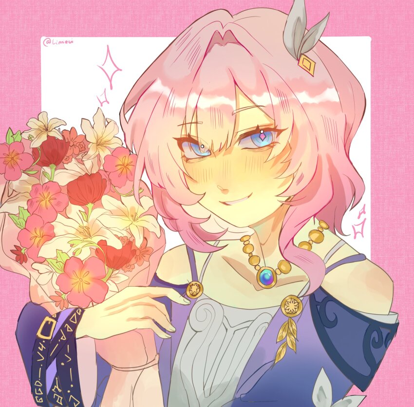 1girl blue_eyes border bouquet breasts coat commentary cyrene_(honkai:_star_rail) dress english_commentary flower hair_ornament highres holding holding_bouquet honkai:_star_rail honkai_(series) jewelry limieui looking_at_viewer medium_hair necklace pink_border pink_hair purple_coat small_breasts smile solo upper_body white_background white_dress
