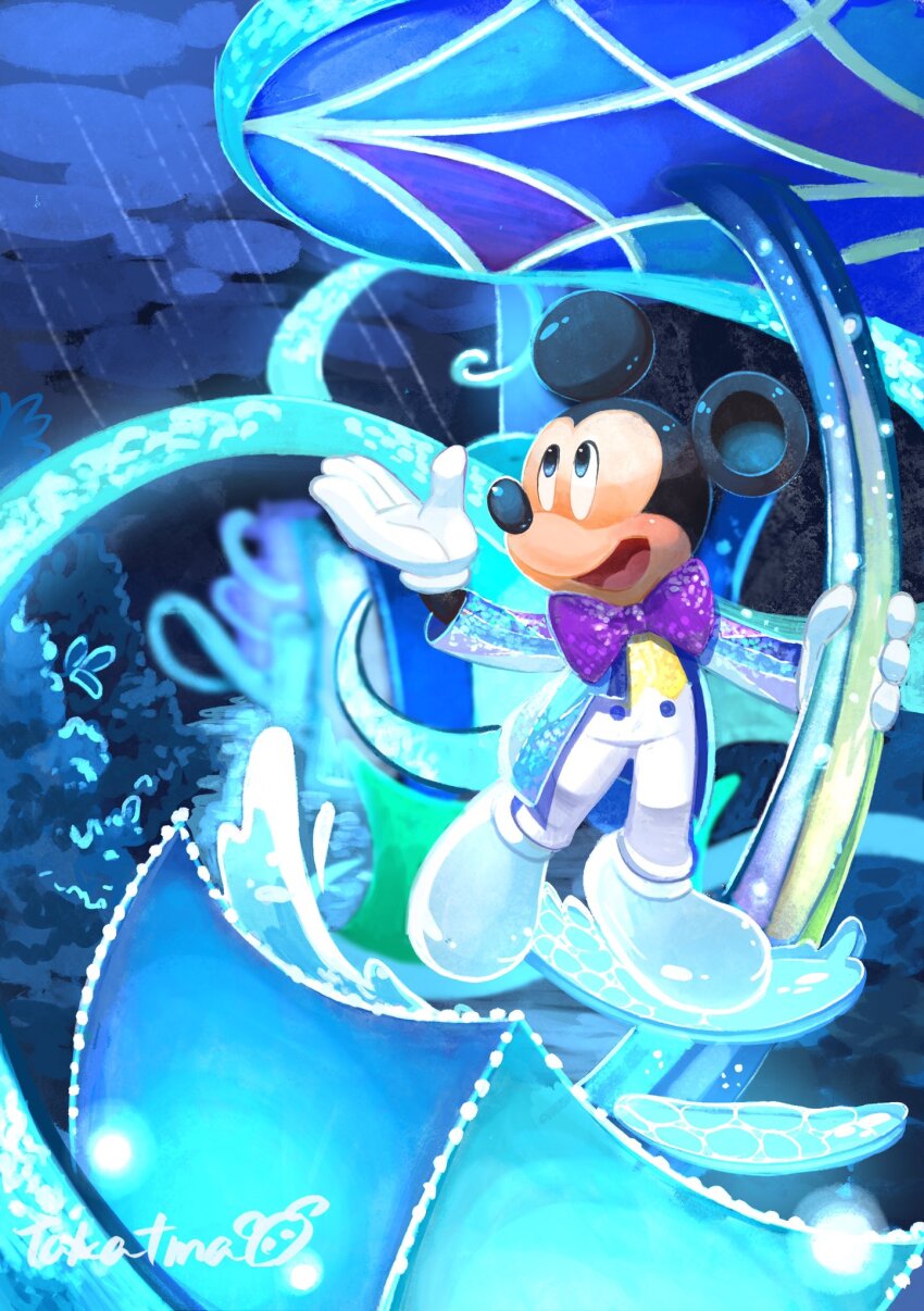 1boy animal_ears bow bowtie full_body gloves glowing glowing_clothes highres looking_at_viewer mickey_mouse mickey_mouse_&amp;_friends mouse_boy mouse_ears open_mouth shirt shoes solo takatmaorange tuxedo