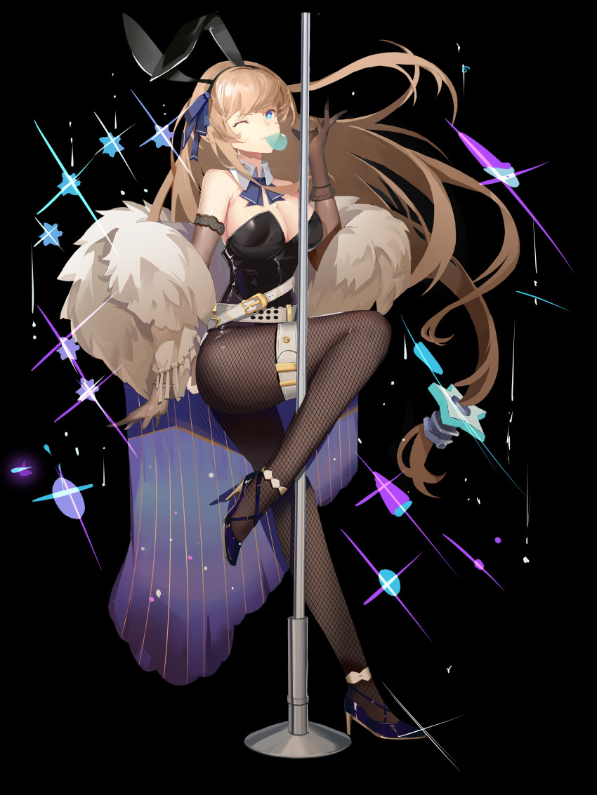 1girl absurdres animal_ears ascot asymmetrical_gloves black_footwear black_gloves black_hairband black_leotard black_pantyhose blonde_hair blue_ascot blue_eyes breasts blowing_bubbles chewing_gum detached_collar duotianshi.nian elbow_gloves enterprise_(warship_girls_r) fake_animal_ears fishnet_pantyhose fishnets full_body gloves hair_ornament hairband high_heels highres large_breasts leotard long_hair low-tied_long_hair mismatched_gloves one_eye_closed pantyhose playboy_bunny pole rabbit_ears single_elbow_glove solo standing star_(symbol) star_hair_ornament strapless strapless_leotard stripper_pole thigh_strap very_long_hair warship_girls_r