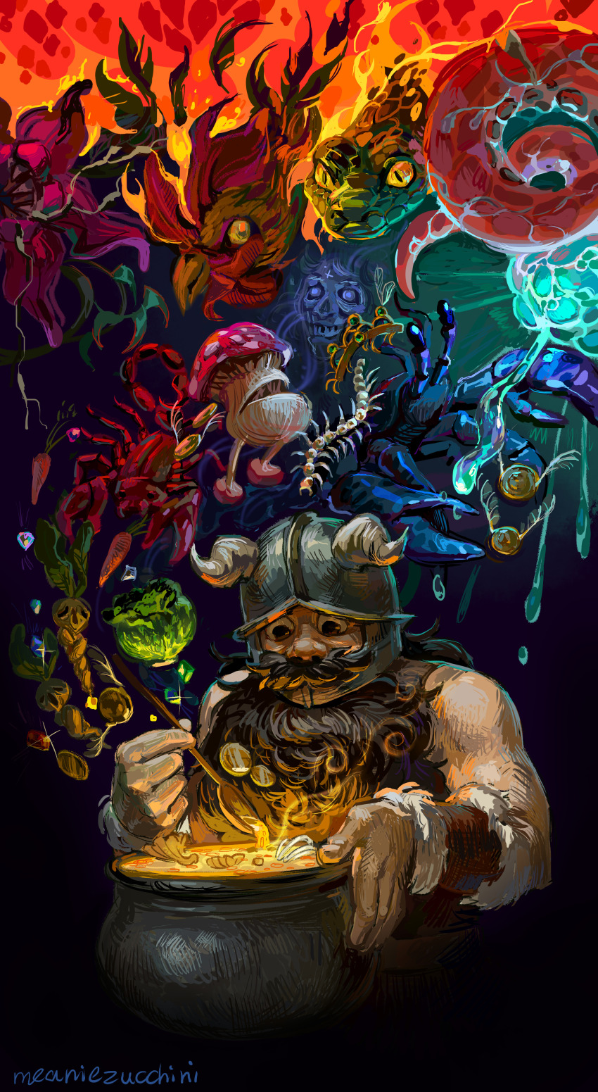 1boy absurdres bara basilisk beard brown_hair coin cooking cooking_pot creature dungeon_meshi dwarf facial_hair fake_horns glowing_hot helmet highres holding horned_helmet horns kraken large_hands long_beard male_focus meanie--zucchini mustache plant scorpion senshi_(dungeon_meshi) solo thick_mustache toned toned_male upper_body very_long_beard walking_mushroom_(dungeon_meshi)