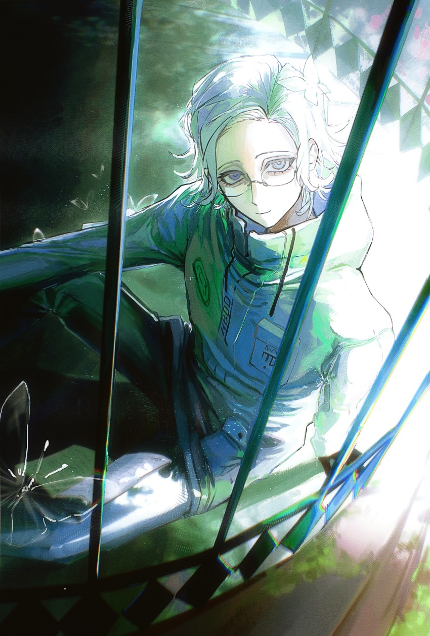 1boy absurdres aotsuki_eito black_gloves blue_eyes book breast_pocket bug butterfly cage commentary from_above glasses gloves grey_hair highres in_cage insect jacket looking_at_viewer male_focus pocket short_hair sitting smile solo symbol-only_commentary the_hundred_line_-last_defense_academy- voltmeter_f white_jacket