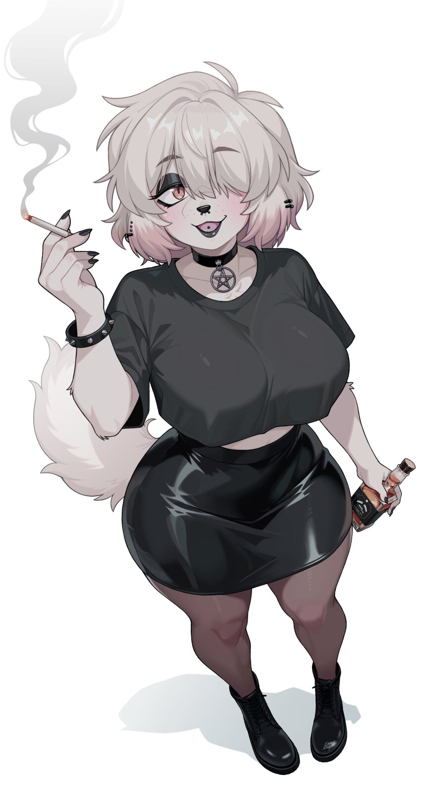 1girl absurdres alcohol animal_ears animal_nose ankle_boots black_boots black_choker black_eyeshadow black_lips black_nails black_shirt black_skirt body_fur boots bottle bracelet breasts brown_eyes brown_thighhighs choker cigarette commentary crazysnuft crop_top crop_top_overhang dog_ears dog_girl dog_tail drop_shadow ear_piercing english_commentary eyeshadow face_piercing facing_viewer freckles from_above full_body furry furry_female goth_fashion hair_intakes hair_over_one_eye high-waist_skirt highres holding holding_bottle holding_cigarette jewelry lace-up_boots large_breasts latex_skirt looking_at_viewer makeup midriff miniskirt nose_piercing open_mouth original pencil_skirt pendant_choker pentagram pentagram_pendant piercing shirt short_hair simple_background skirt smile smoke smoke_trail smoking solo spiked_bracelet spikes tail thighhighs tongue_piercing white_background white_fur white_hair