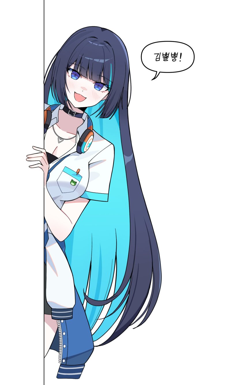1girl absurdres black_choker black_hair black_survival blue_eyes blue_hair breasts choker cleavage clothes_around_waist colored_inner_hair commentary_request dalgam12 debi_(after_school)_(black_survival) debi_(black_survival) eternal_return:_black_survival headphones headphones_around_neck highres jacket jacket_around_waist jewelry large_breasts long_hair looking_at_viewer multicolored_hair necklace open_mouth peeking_out school_uniform shirt short_sleeves smile solo speech_bubble streaked_hair two-tone_hair very_long_hair white_shirt