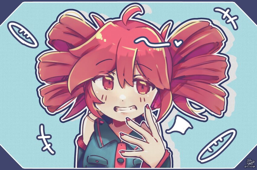 absurdres ahoge arm_at_side baguette bare_shoulders black_shirt black_sleeves blue_background blush bread breast_pocket buttons collared_shirt detached_sleeves detached_wings double-parted_bangs drill_hair fingernails flat_chest food food_print grin hair_between_eyes hand_up highres kasane_teto kasane_teto_(utau) long_sleeves looking_at_viewer nail_polish nicmangle pocket portrait print_background red_eyes red_hair red_nails red_trim shirt simple_background sleeveless sleeveless_shirt smile three-quarter_sleeves twin_drills utau wing_collar wings
