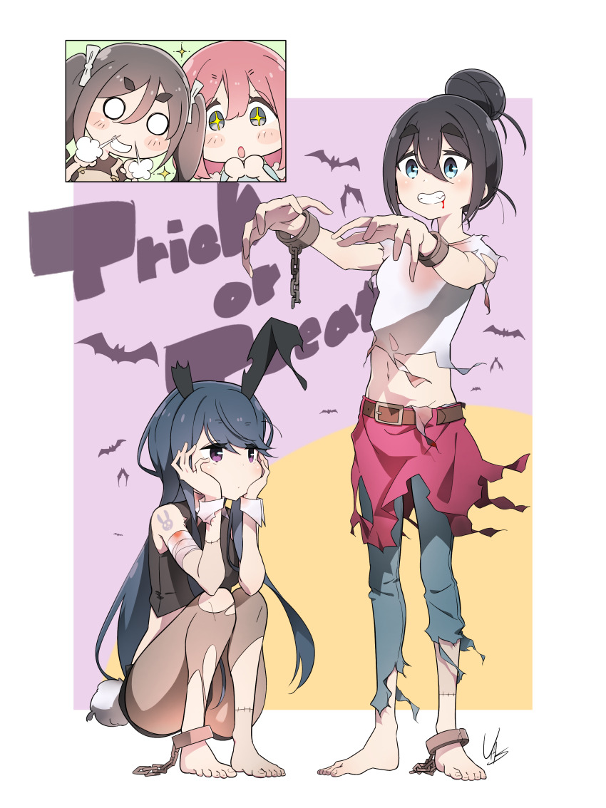 4girls :o absurdres amamiya_satsuki_(mono) animal_ears barefoot belt black_hair black_pantyhose black_shirt blue_eyes blue_hair blue_pants blush blush_stickers bow brown_hair chain chibi chibi_inset commentary creator_connection crossover denim english_commentary feet grin hair_between_eyes hair_bow hair_bun hands_on_own_face highres jeans kagamihara_nadeshiko kiriyama_an mono_(afro) multiple_girls navel orange_background outstretched_arms pants pantyhose pink_hair playboy_bunny purple_background purple_eyes rabbit_ears rabbit_tail red_skirt shima_rin shirt signature skirt smile squatting standing star-shaped_pupils star_(symbol) symbol-shaped_pupils tail thick_thighs thighs toes torn_clothes trick_or_treat white_background white_bow white_shirt yas_(yosiyasuyasu) yurucamp zombie_pose